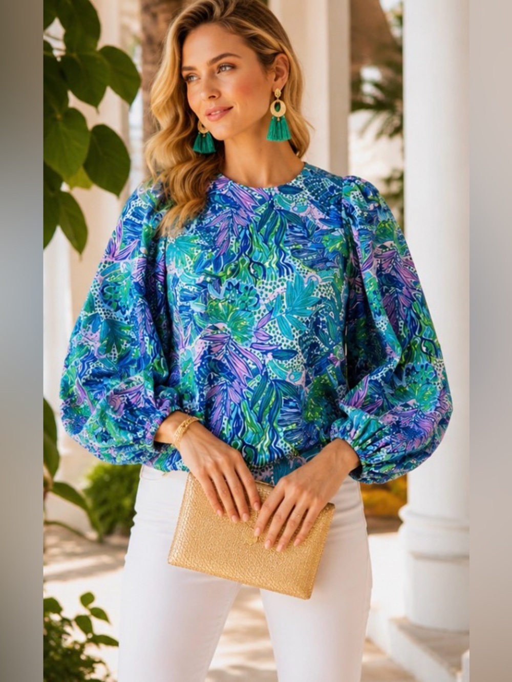 Lilly Pulitzer Lynnley Long Sleeve Top Botanical Green | Resort Chic Blouse